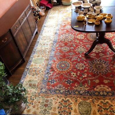 Large 10 x 14 Ft Hand Woven Area Rug in Red Navy Blue and Tan Pattern