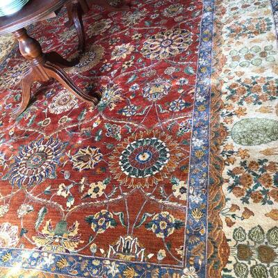 Large 10 x 14 Ft Hand Woven Area Rug in Red Navy Blue and Tan Pattern