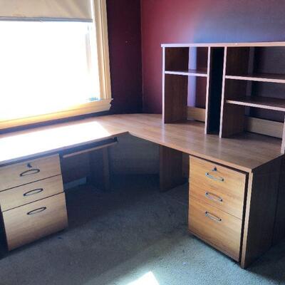 Large Tan Brown Wood Office Desk with Multiple Storage Shelves