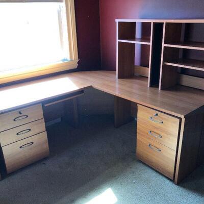 Large Tan Brown Wood Office Desk with Multiple Storage Shelves