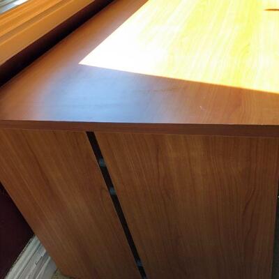 Large Tan Brown Wood Office Desk with Multiple Storage Shelves