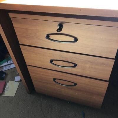 Large Tan Brown Wood Office Desk with Multiple Storage Shelves