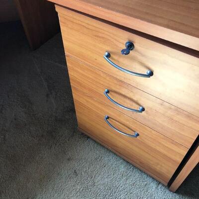 Large Tan Brown Wood Office Desk with Multiple Storage Shelves