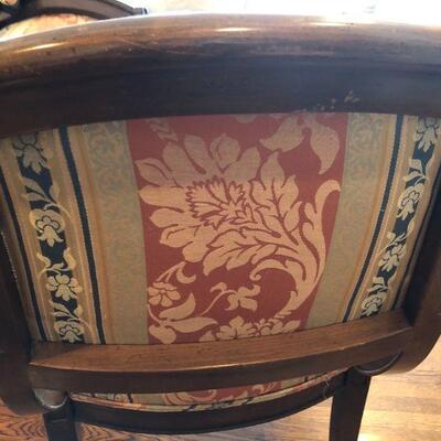 Pair William Switzer Arm Chairs with Medium Brown Wood and Pattern Fabric