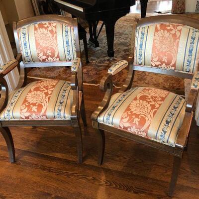 Pair William Switzer Arm Chairs with Medium Brown Wood and Pattern Fabric