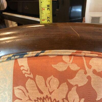 Pair William Switzer Arm Chairs with Medium Brown Wood and Pattern Fabric