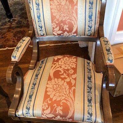 Pair William Switzer Arm Chairs with Medium Brown Wood and Pattern Fabric