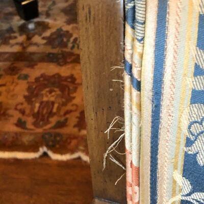 Pair William Switzer Arm Chairs with Medium Brown Wood and Pattern Fabric