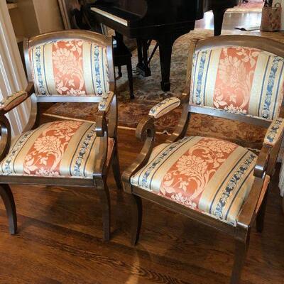 Pair William Switzer Arm Chairs with Medium Brown Wood and Pattern Fabric