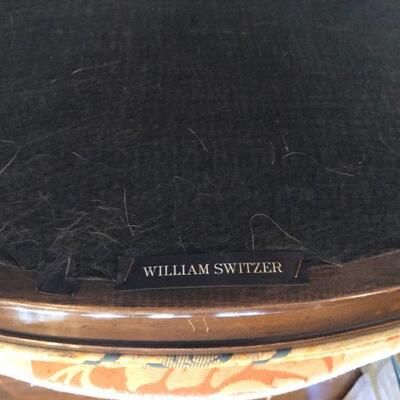 Pair William Switzer Arm Chairs with Medium Brown Wood and Pattern Fabric