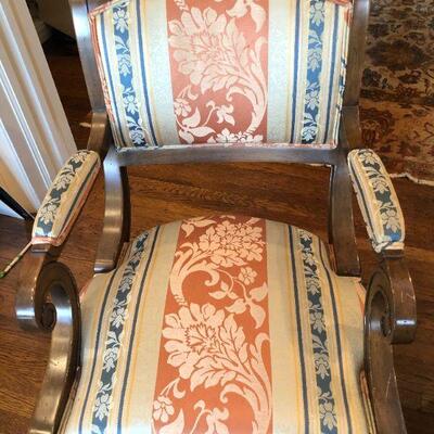Pair William Switzer Arm Chairs with Medium Brown Wood and Pattern Fabric