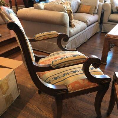 Pair William Switzer Arm Chairs with Medium Brown Wood and Pattern Fabric