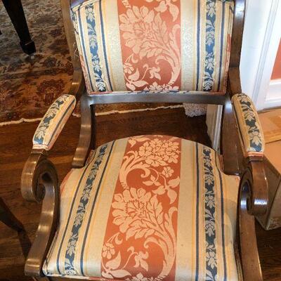 Pair William Switzer Arm Chairs with Medium Brown Wood and Pattern Fabric