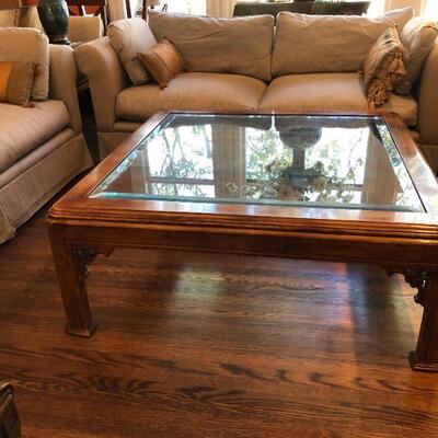 Antique Deco Style Square Wood and Glass Coffee Table