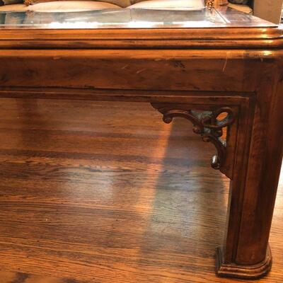 Antique Deco Style Square Wood and Glass Coffee Table