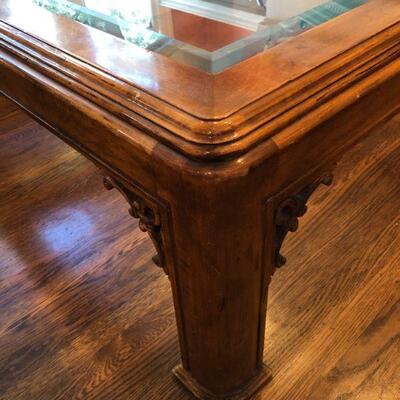Antique Deco Style Square Wood and Glass Coffee Table