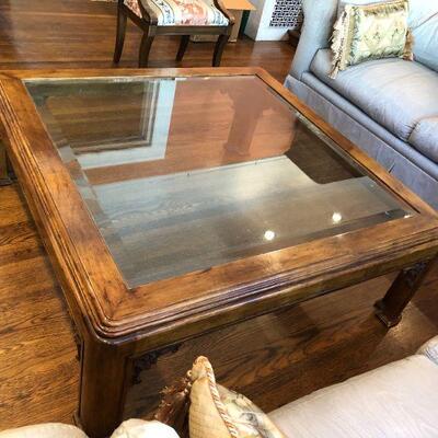 Antique Deco Style Square Wood and Glass Coffee Table
