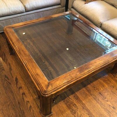 Antique Deco Style Square Wood and Glass Coffee Table