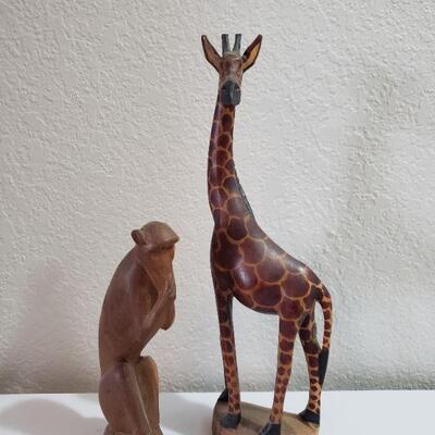 Lot 56: Handcarved Wood Giraffe and Monkey