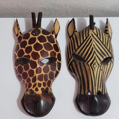 Lot 60: (2) Handcarved and Painted Wood Giraffe and Zebra Masks