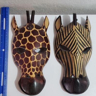 Lot 60: (2) Handcarved and Painted Wood Giraffe and Zebra Masks