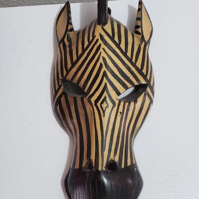 Lot 60: (2) Handcarved and Painted Wood Giraffe and Zebra Masks