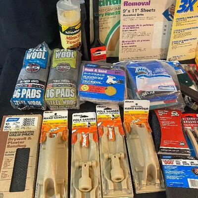 Lot 97 - Sanding Hardware/Supplies (new hand sander, hook & sand, hook & loop, steel wool, paint scrapers, stainless steel, wire brush,...