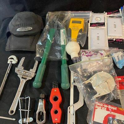 Lot 98 - Hardware (electrical supplies (GFI's, switch plates, cable ripper, regular switches), Teflon tape, toilet hardware, wrenches,...