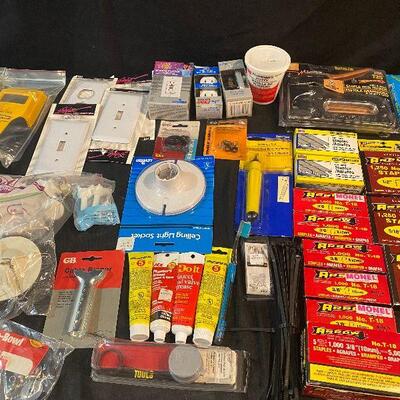 Lot 98 - Hardware (electrical supplies (GFI's, switch plates, cable ripper, regular switches), Teflon tape, toilet hardware, wrenches,...