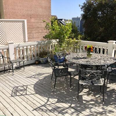 Outdoor Black Metal Round Dining Table 6 Chairs and Side Table Set