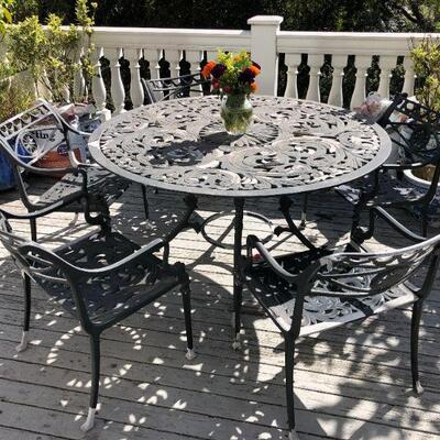 Outdoor Black Metal Round Dining Table 6 Chairs and Side Table Set