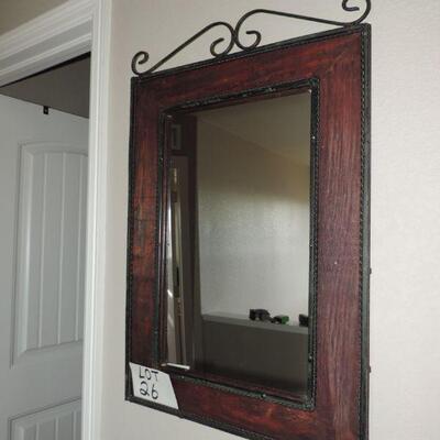 LOT 26  WOOD FRAMED WALL MIRROR WITH IRON ACCENTS