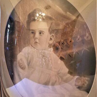 Lot #44  Vintage Hand colored baby portrait in bubble glass frame