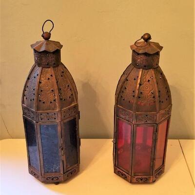 Lot #45  Pair of Moroccan Style Candle Lanterns - Blue/Red Glass