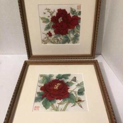 A - 403: Pair of Oriental Floral Watercolors by Jinghua Gao Dalia