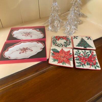A - 410: Christmas Dishes, Coasters, Glass Christmas Trees 