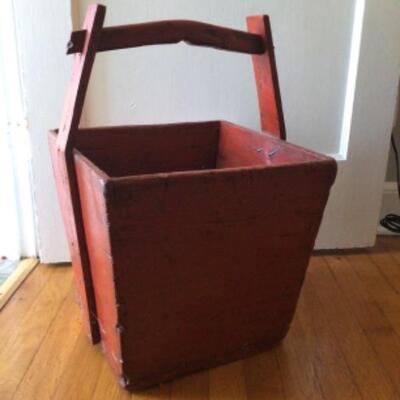 B - 411: Vintage Red Wooden Asian Water Bucket with Wax Seal 