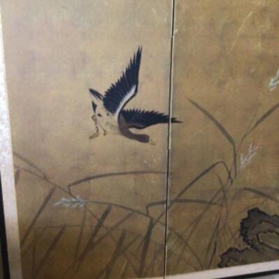 B - 412: Four Panel Hand painted Japanese Duck Decorative Screen 