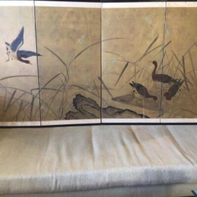 B - 412: Four Panel Hand painted Japanese Duck Decorative Screen 