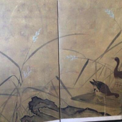 B - 412: Four Panel Hand painted Japanese Duck Decorative Screen 