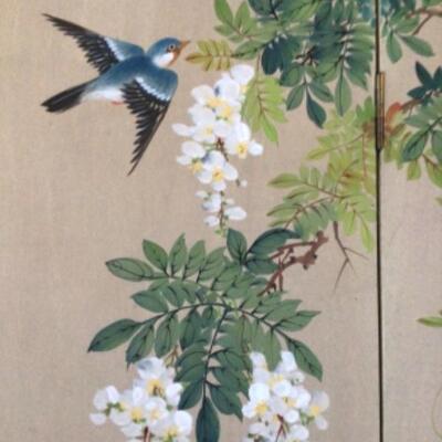 B - 413: Four Panel Hand painted Japanese Bird Decorative Screen 