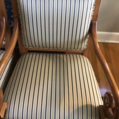 B - 418: Pair of Vintage Regency Style Scroll Upholstered Arm Chair 