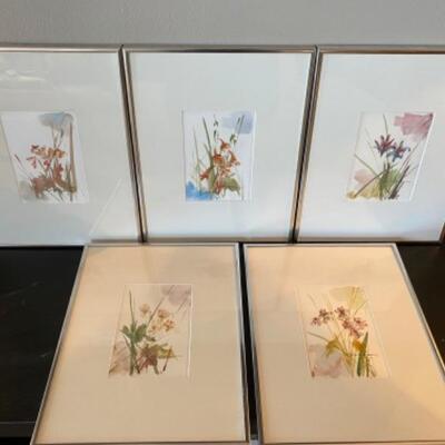B - 446 Set of 5 Signed Floral Watercolors by Italian Artist 