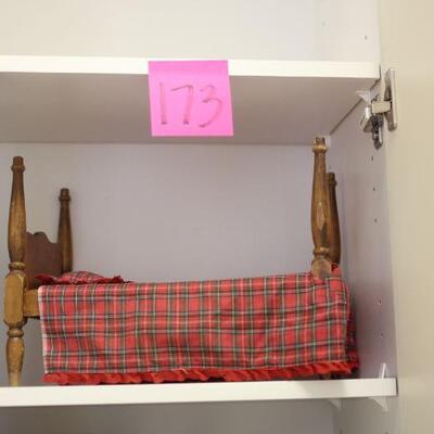 Lot 173 Vintage Wood Doll Bed w/ Custom Bedding