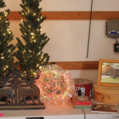 Lot 186 Two Lighted Christmas Trees & More Décor