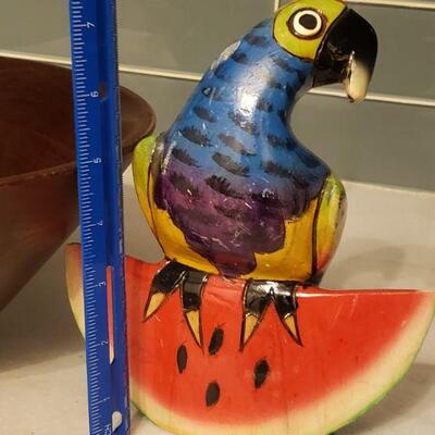 Lot 180: Large Wood Salad Bowl and Wood Parrot Kitchen Deco