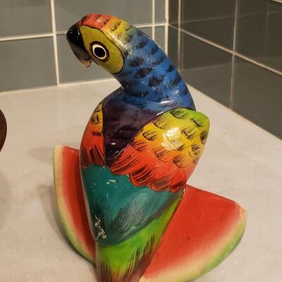 Lot 180: Large Wood Salad Bowl and Wood Parrot Kitchen Deco