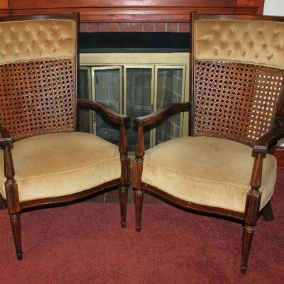 Pair Mid-Century Cane and Velvet Arm Chairs