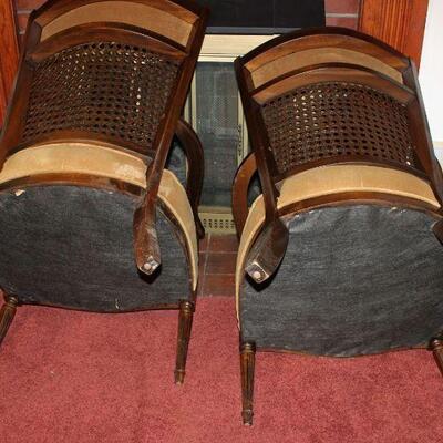 Pair Mid-Century Cane and Velvet Arm Chairs