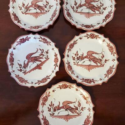 Set of 5 Faience Red Bird of Paradise Plates
